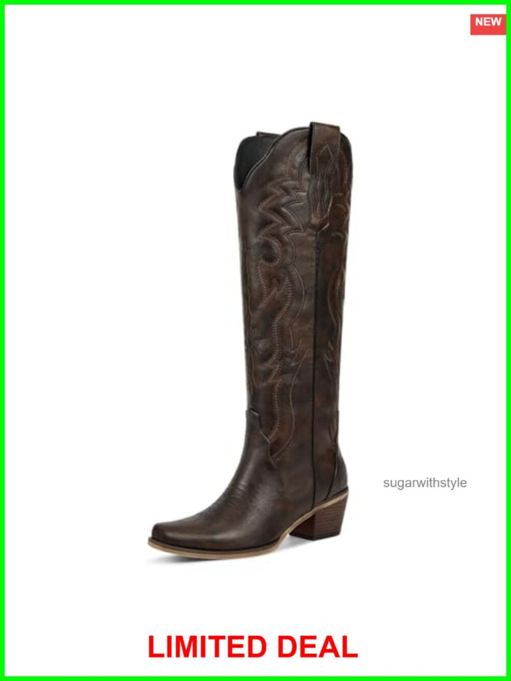 Knee High Western Cowboy Boots Low Chunky Heel Slip On